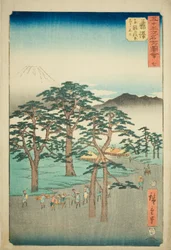 Fujisawa: Der Berg Fuji links vom Nanki-Kiefernwald (Fujisawa, Nanki no Matsubara hidari no Fuji), Nr. 7 aus der Serie "Berühmte Ansichten der dreiundfünfzig Stationen (Gojusan tsugi meisho zue)", auch bekannt als das vertikale Tokaido