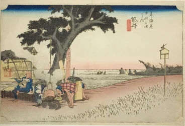 Fukuroi: Teestube (Fukuroi, dejaya no zu), aus der Serie "Dreiundfünfzig Stationen des Tokaido (Tokaido gojusan tsugi no uchi)", auch bekannt als Hoeido Tokaido