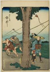 Fukuroi, aus der Serie "Dreiundfünfzig Stationen [des Tokaido] (Gojusan tsugi)", auch bekannt als der Figuren-Tokaido (Jinbutsu Tokaido)