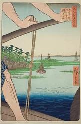 Haneda-Fähre und Benten-Schrein, Nr.72 aus der Serie "Hundert berühmte Ansichten von Edo"