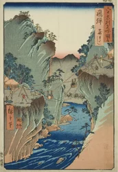 Provinz Hida: Korbfähre (Hida, Kagowatashi), aus der Serie "Berühmte Orte in den sechzig Provinzen (Rokujuyoshu meisho zue)"