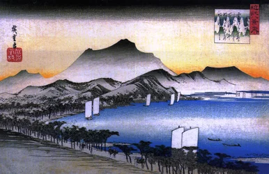 Hiroshige Eine Straße neben einem See mit einigen Booten