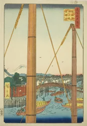 Inari-Brücke und Minato-Schrein, Teppozu (Teppozu Inaribashi Minato Jinja), aus der Serie "Hundert berühmte Ansichten von Edo (Meisho Edo hyakkei)"