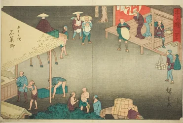 Ishiyakushi—Nr. 45, aus der Serie "Dreiundfünfzig Stationen des Tokaido (Tokaido gojusan tsugi)," auch bekannt als der Reisho Tokaido