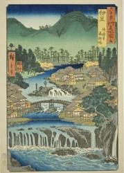 Provinz Izu: Heiße Quellen des Shuzen-Tempels (Izu, Shuzenji tojiba), aus der Serie "Berühmte Orte in den sechzig Provinzen (Rokujuyoshu meisho zue)"