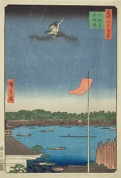 Komagata-Halle und Azuma-Brücke (Komagatado Azumabashi), Nr. 62 aus der Serie "Hundert berühmte Ansichten von Edo (Meisho Edo hyakkei)"