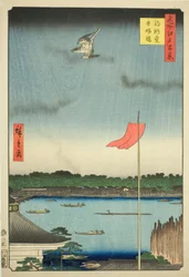 Komagata-Halle und Azuma-Brücke (Komagatado Azumabashi), aus der Serie "Hundert berühmte Ansichten von Edo (Meisho Edo hyakkei)"