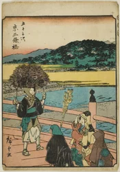Kyoto: Sanjo-Brücke (Kyo, Sanjobashi), aus der Serie "Dreiundfünfzig Stationen [der Tokaido] (Gojusan tsugi)," auch bekannt als die Figuren-Tokaido (Jinbutsu Tokaido)