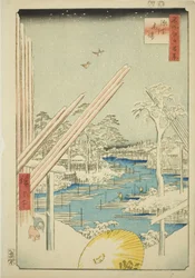 Holzlager in Fukagawa (Fukagawa kiba), aus der Serie Einhundert berühmte Ansichten von Edo (Meisho Edo hyakkei)
