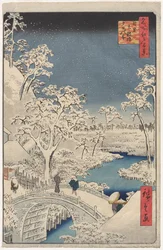 Bild der Dämmerung an der Trommelbrücke in Meguro, aus der Serie 100 Ansichten berühmter Orte in Edo