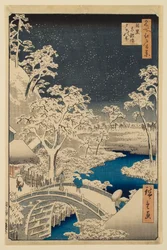 Die Trommelbrücke von Meguro und der Sonnenuntergangshügel, aus der Serie „Hundert berühmte Ansichten von Edo“