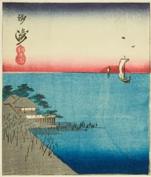 Morgenmarkt an der Nihon-Brücke (Nihonbashi, asaichi), Abschnitt eines Blattes aus der Serie "Ausschnitte berühmter Orte in Edo (Harimaze Koto meisho)"