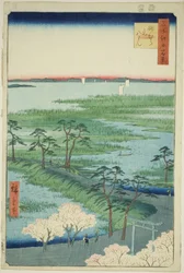 Moto-Hachiman-Schrein, Sunamura (Sunamura Moto-Hachiman), aus der Serie "Hundert berühmte Ansichten von Edo (Meisho Edo hyakkei)"