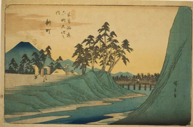 Nr. 12: Shinmachi, aus der Serie "Neunundsechzig Stationen des Kisokaido (Kisokaido rokujukyu tsugi no uchi)"