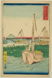 Vor der Insel Tsukuda in der östlichen Hauptstadt (Toto Tsukuda oki), aus der Serie "Sechsunddreißig Ansichten des Berges Fuji (Fuji sanjurokkei)"