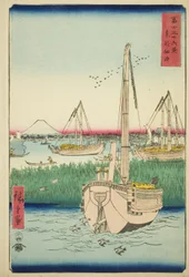 Vor der Insel Tsukuda in der östlichen Hauptstadt (Toto Tsukuda oki), aus der Serie "Sechsunddreißig Ansichten des Berges Fuji (Fuji sanjurokkei)"