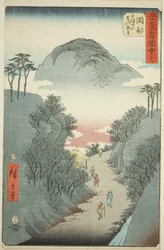 Okabe: Schmaler, mit Efeu bedeckter Weg am Berg Utsu (Okabe, Utsu no yama tsuta no hosomichi), Nr. 22 aus der Serie "Berühmte Ansichten der dreiundfünfzig Stationen (Gojusan tsugi meisho zue)", auch bekannt als der vertikale Tokaido