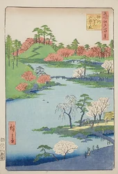 Eröffnung des Gartens am Fukagawa Hachiman-Schrein (Fukagawa Hachiman yamabiraki), Nr. 68 aus der Serie „Hundert berühmte Ansichten von Edo (Meisho Edo hyakkei)“