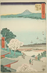Otsu: Fernsicht auf Otsu und den See von der Kannon-Halle des Mii-Tempels (Otsu, Miidera Kannondo yori Otsu no machi kosui chobo), Nr. 54 aus der Serie "Berühmte Ansichten der dreiundfünfzig Stationen (Gojusan tsugi meisho zue)", auch bekannt als die Verti