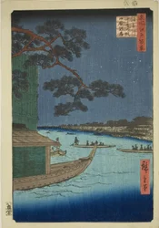 Kiefer des Erfolgs und Oumayagashi, Asakusa-Fluss (Asakusagawa Shubi no matsu Oumayagashi), aus der Serie "Hundert berühmte Ansichten von Edo (Meisho Edo hyakkei)"