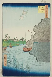 Vereinzelte Kiefern am Tone-Fluss (Tonegawa Barabara-matsu), Nr.71 aus der Serie „Hundert berühmte Ansichten von Edo (Meisho Edo hyakkei)“