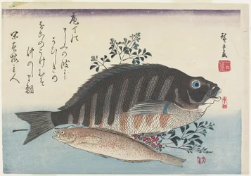 Meerbrasse, Süßfisch und Nandina-Zweige, ca. 1840