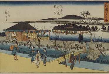 Frühlingsansicht des neuen Damms bei Shinobazu