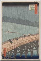 Plötzlicher Regenschauer über der Shin-Ōhashi-Brücke und Atake, aus der Serie Einhundert berühmte Ansichten von Edo