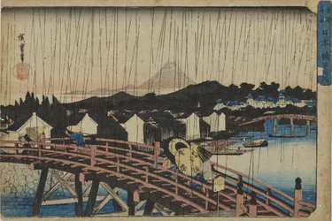 „Sonnenschauer an der Nihonbashi-Brücke“ aus der Serie „Berühmte Orte der östlichen Hauptstadt“