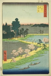 Die verflochtenen Kampferbäume am Azuma-Schrein (Azuma no mori Renri no azusa), aus der Serie "Hundert berühmte Ansichten von Edo (Meisho Edo hyakkei)"