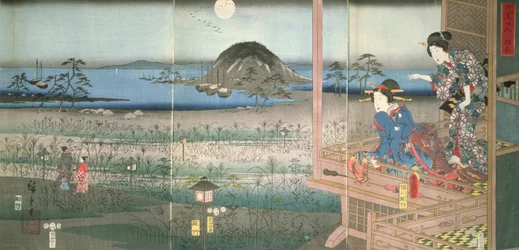 Die Dame Fujitsubo beobachtet Prinz Genji im Mondlicht, 1853