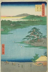 Die Robe-hängende Kiefer am Senzoku-Teich (Senzoku no ike Kesakakematsu), Nr. 110 aus der Serie "Hundert berühmte Ansichten von Edo (Meisho Edo hyakkei)"