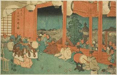 Der heilige Tanz am Shinmei-Schrein in Shiba bei Morgengrauen (Shiba Shinmei, Omiya gengyo kagura no zu), aus der Serie "Berühmte Orte in der östlichen Hauptstadt (Toto meisho)"
