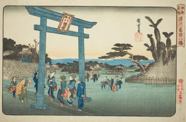 Der Tomigaoka Hachiman-Schrein in Fukagawa, aus der Serie "Berühmte Orte in Edo"