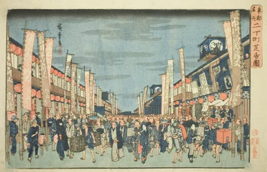 Ansicht der Theater in Nichomachi (Nichomachi shibai no zu), aus der Serie "Berühmte Orte in der östlichen Hauptstadt (Toto meisho)"