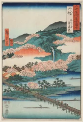 Yamashiro Provinz: Die Togetsu-Brücke in Arashiyama, aus der Serie "Berühmte Orte in den Sechzig-odd Provinzen"