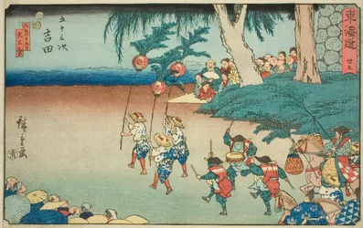 Yoshida—Nr. 35, aus der Serie "Die dreiundfünfzig Stationen des Tokaido (Tokaido gojusan tsugi)", auch bekannt als der Reisho Tokaido
