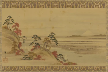 Flusslandschaft: rotes Laub und Berg Fuji, Edo-Zeit, Mitte 19. Jahrhundert