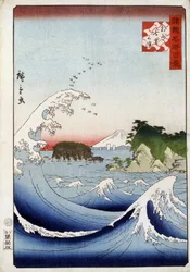 Berg Fuji hinter dem unruhigen Meer - Japanischer Druck von Hiroshige