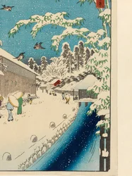 Atagoshita und Yabu Lane (Atagoshita Yabukōji), vor 1858 (Farbholzschnitt mit Glimmerflocken und Stoffdruck)