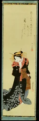 Eine stehende Kurtisane in einem schwarzen Kimono mit weißen Blütenköpfen, ein Papierknäuel haltend