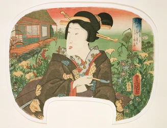 Herbst, Hanayashiki: Eine Geisha mit einer Pfeife, Design für einen Fächer aus einem Satz von vier Jahreszeiten, 1858-60