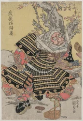 Musashibo Benkei kniend bei einem Pflaumenbaum