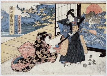 Japan, Akt II von Chushingura, Geschichte der 47 Ronin (oder 47 Samurai): Rikiya mit Schwert und Fächer, neben Konami, die ihm kniend eine Tasse Tee anbietet, Gravur von Utagawa Kuniyasu