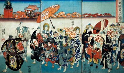 Tapferer Kuniyoshi mit seinem Paulownia-Design (Isamashiki Kuniyoshi kiri no tsuimoyō) 1848