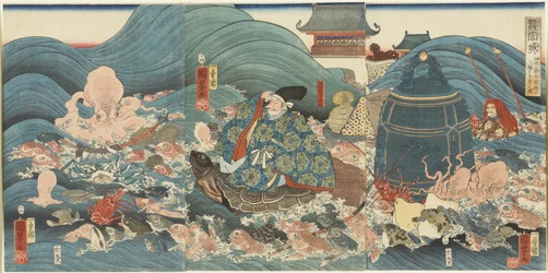 Drachengott belohnt Hidesato mit drei Geschenken, April 1858