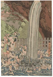 Pilger am Roben-Wasserfall in Oyama, signiert Ichiyusai Kuniyoshi, veröffentlicht von Azumaya Daisuke, kiwame-Siegel, Oban tate-e Triptychon