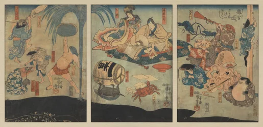 Meerestiere unterhalten Urashima Tarō und Oto Hime im Drachenpalast