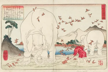 Taishun pflügt ein Feld mit Hilfe von Elefanten und einem Spatzenschwarm, signiert Ichiyusai Kuniyoshi ga, ca. 1843