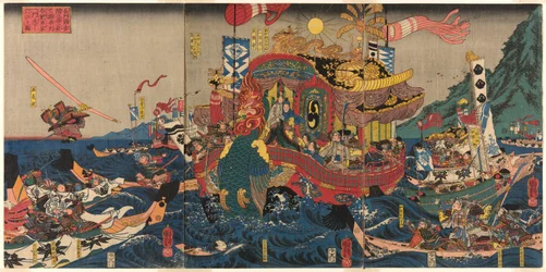 Die völlige Niederlage des Taira-Clans im großen Genpei-Krieg in der Akama-Bucht in der Provinz Nagato